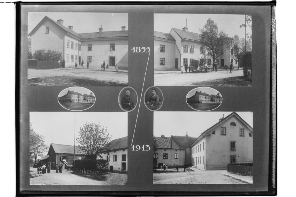 Montage av fyra bilder av tvåvånings bostadshus och ägarens familjebilder.Grosshandlare Axel Söderlindh.Jubileumsbild 1855-1913 (58 år). "Söderlindhska gården" byggdes åren 1855-1856. Foto Sam Lindskog